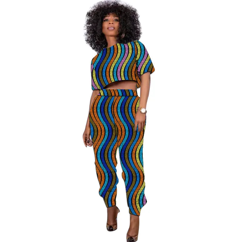African Print Outfit Summer Women's Set Short Tops With Jogger Pants Casual Female Ankara Clothing