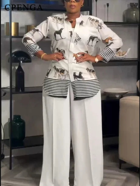 2-Piece African Dashiki Set for Women Summer Dog Print Top Loose Pants Suit Traditional Breathable Comfortable Casual Outfit
