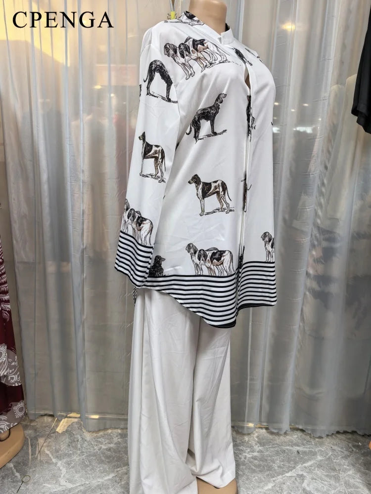 2-Piece African Dashiki Set for Women Summer Dog Print Top Loose Pants Suit Traditional Breathable Comfortable Casual Outfit