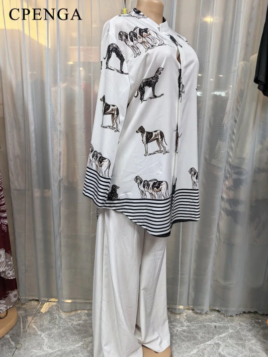 2-Piece African Dashiki Set for Women Summer Dog Print Top Loose Pants Suit Traditional Breathable Comfortable Casual Outfit