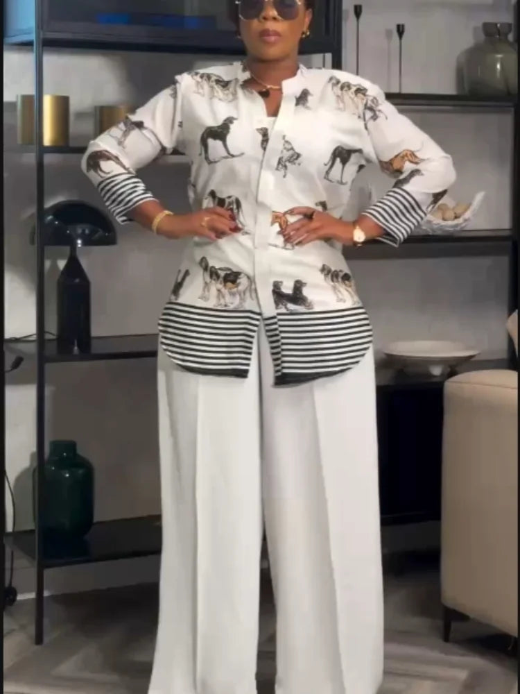 2-Piece African Dashiki Set for Women Summer Dog Print Top Loose Pants Suit Traditional Breathable Comfortable Casual Outfit